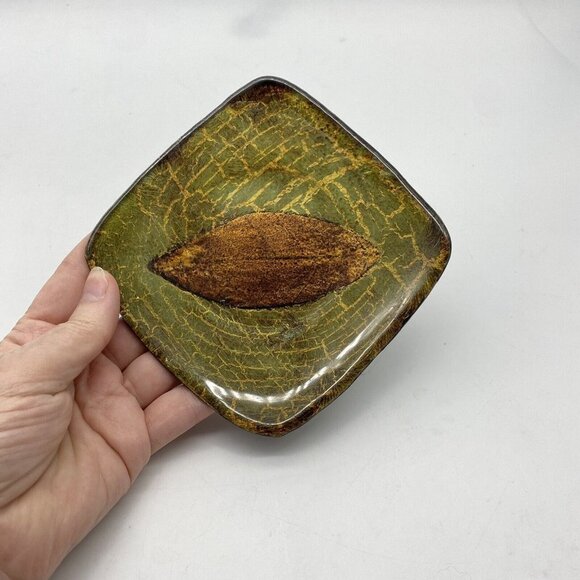 Vintage Bread Plate Glazed Ceramic Curved Square Green Brown Leaf Lot Of 3 - Picture 5 of 8